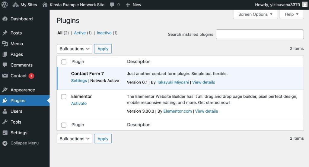 The WordPress plugin dashboard in multisite.
