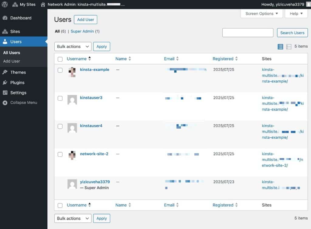 A screenshot of the user management screen in WordPress multisite.
