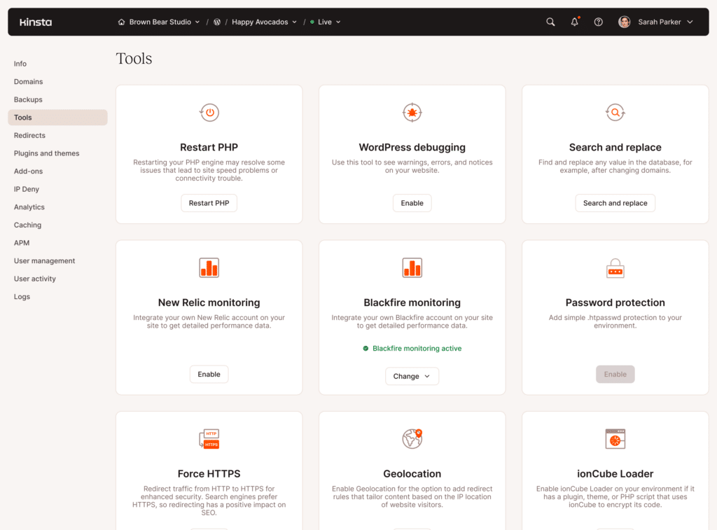 Server administration tools dashboard
