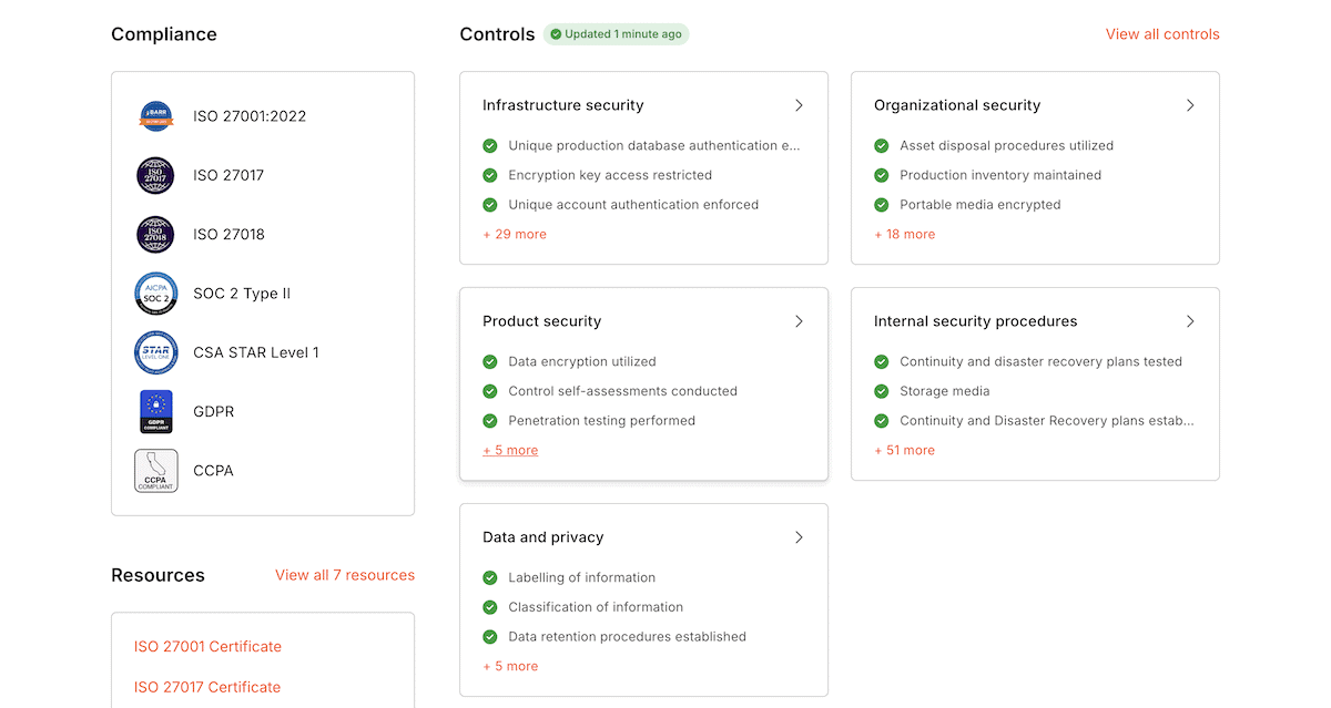 The Kinsta Trust Center page showing certifications including SOC Type II and ISO 27001 compliance.