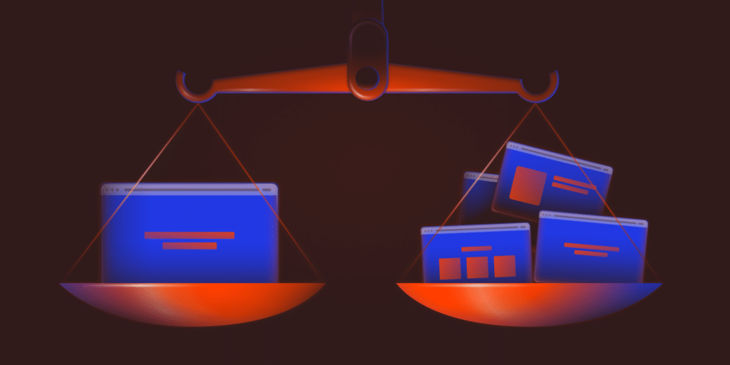 An illustration using scales to represent the comparison of WordPress multisite vs multiple installations of WordPress.