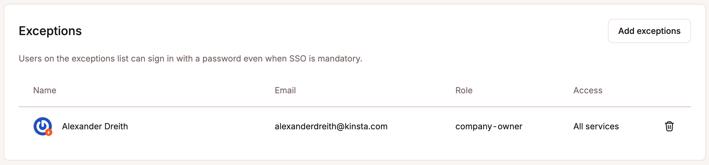 Screenshot showing an example of setting an exception to mandatory SSO in MyKinsta.