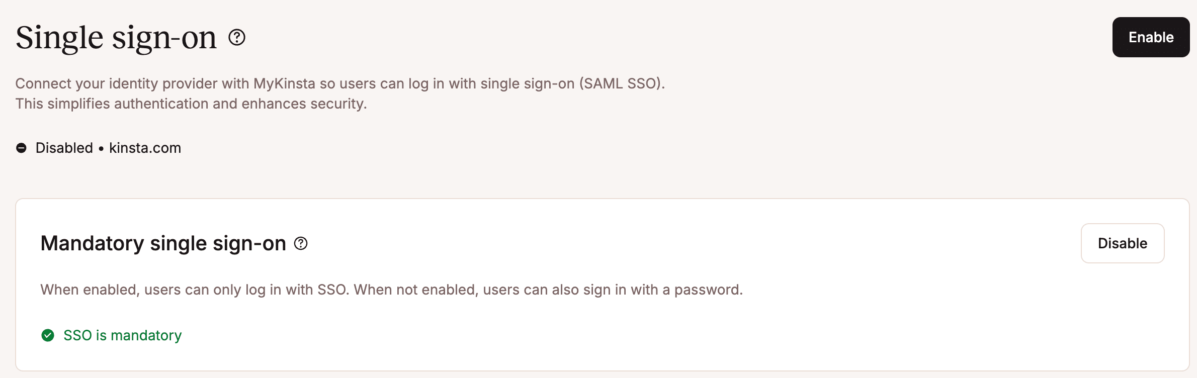 A screenshot showing the interface for enabling SSO mandatory in MyKinsta.