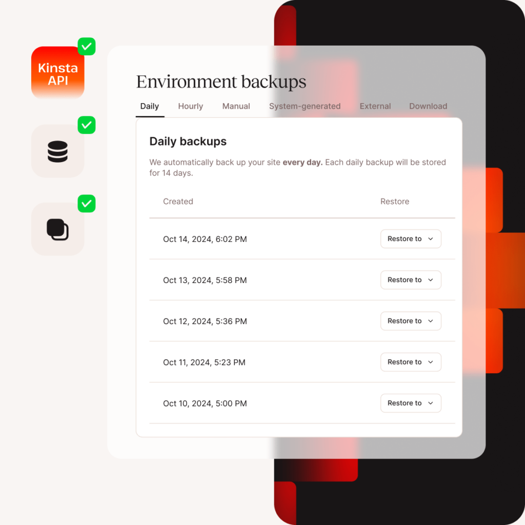 Dashboard interface showing daily website backups with dates listed and restore options, highlighting automated backup feature.