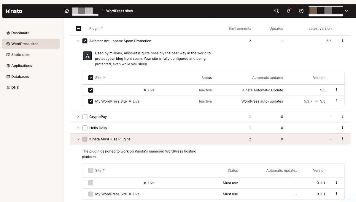 The MyKinsta dashboard interface showing the Plugins update screen for multiple sites. Some plugins have expanded menus showing the status of that plugin on each site.