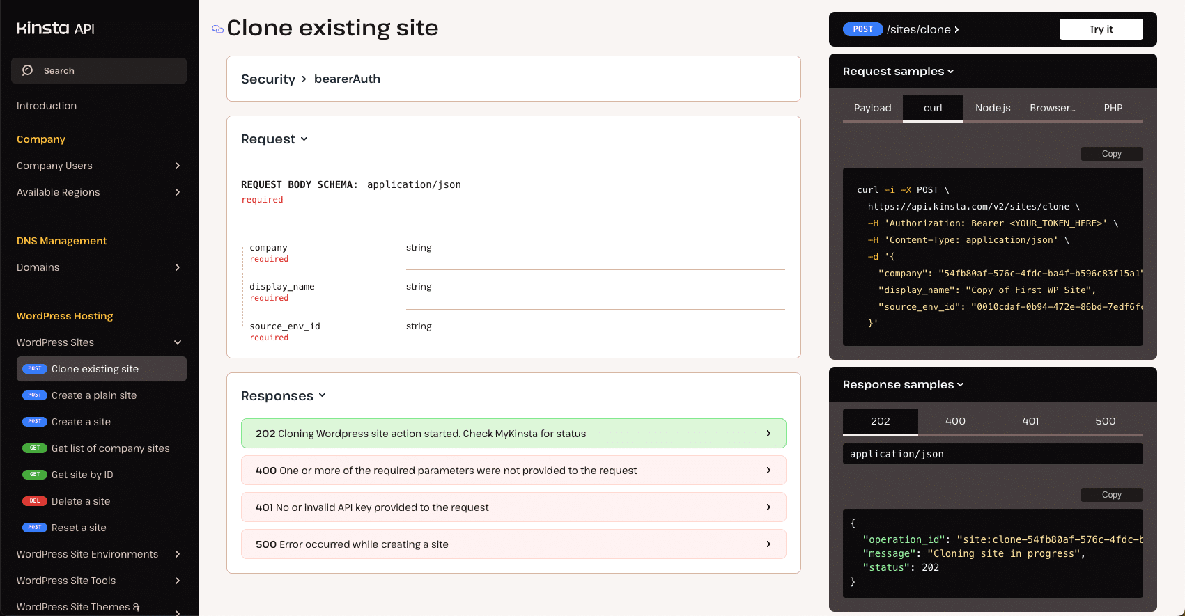 Clone existing site using Kinsta API