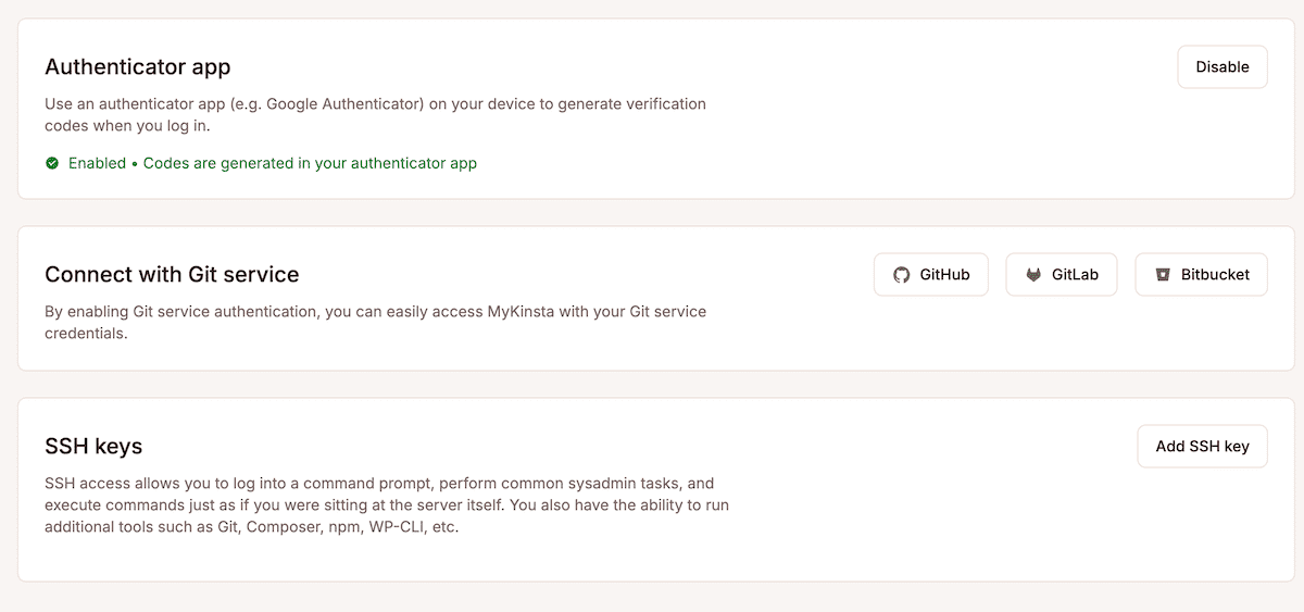 The MyKinsta dashboard showing the Authenticator panel within the User Settings. There are also panels for connecting to Git and for SSH keys.