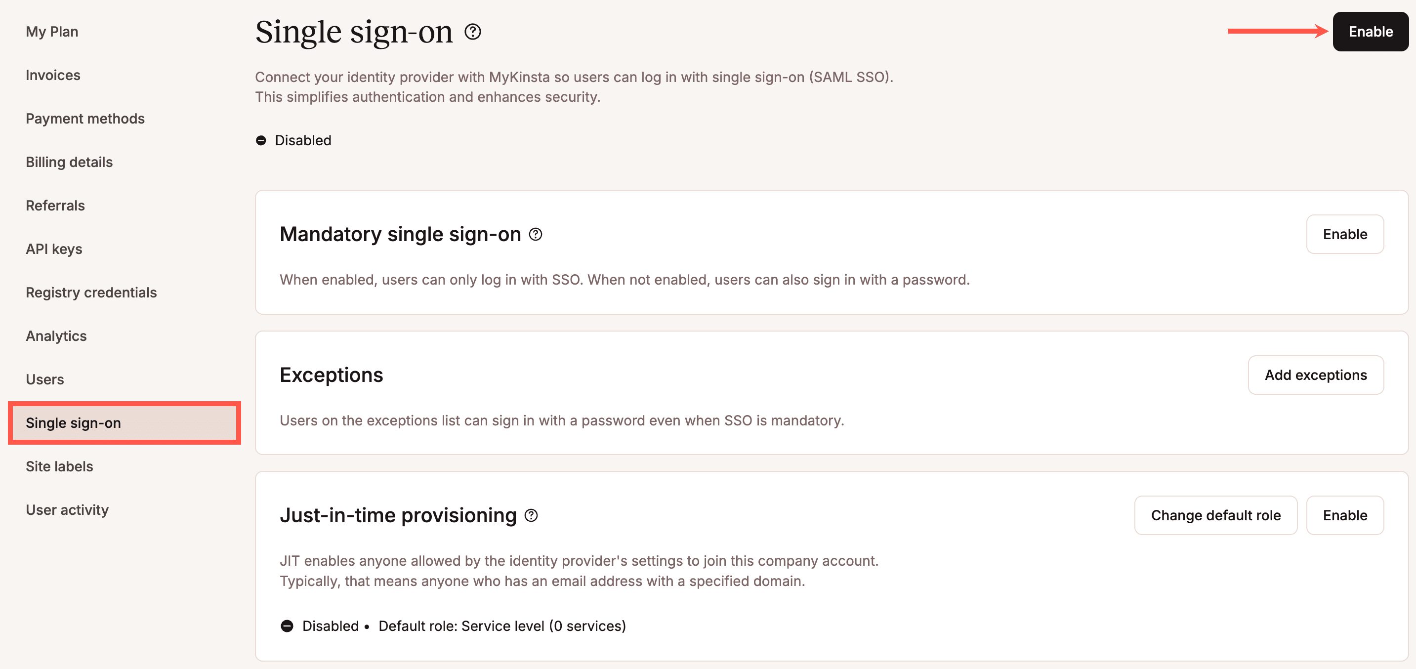 A screenshot showing the first step to enabling single sign-on in MyKinsta.