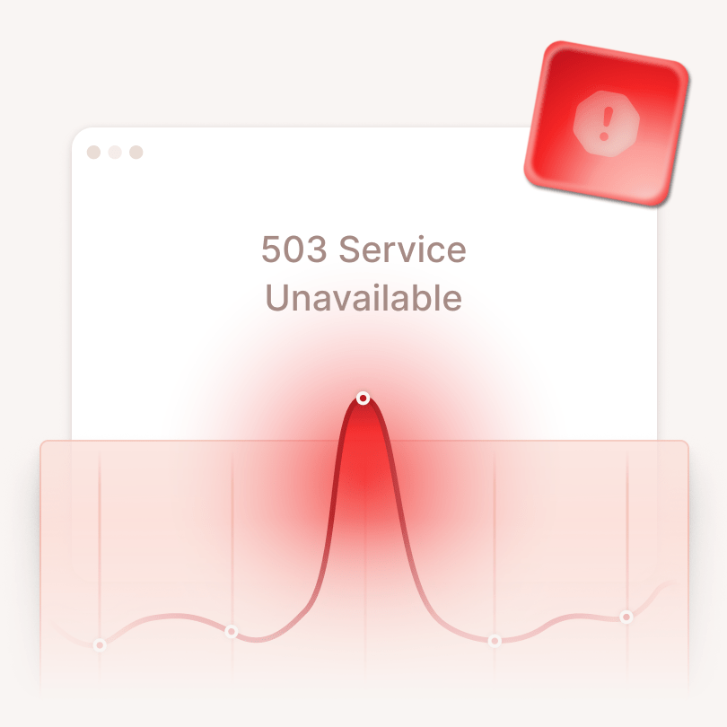 Error message displaying ‘503 Service Unavailable’ with a red alert icon and a traffic spike graph, illustrating website outages caused by heavy traffic.