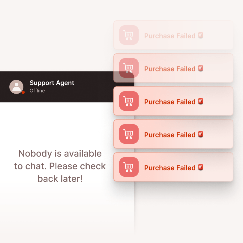 Offline support chat window saying ‘Nobody is available to chat’ beside multiple ‘Purchase Failed’ notifications, symbolizing lost sales and unavailable customer support.
