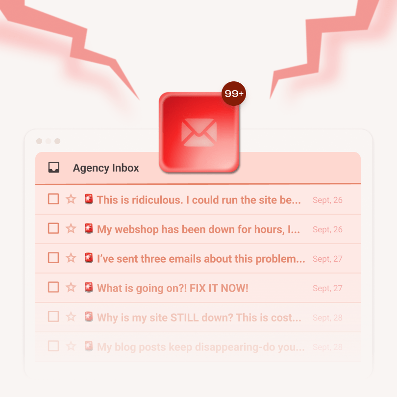Overflowing agency inbox with angry client emails and a red alert icon, representing client frustration and agencies being blamed for downtime.
