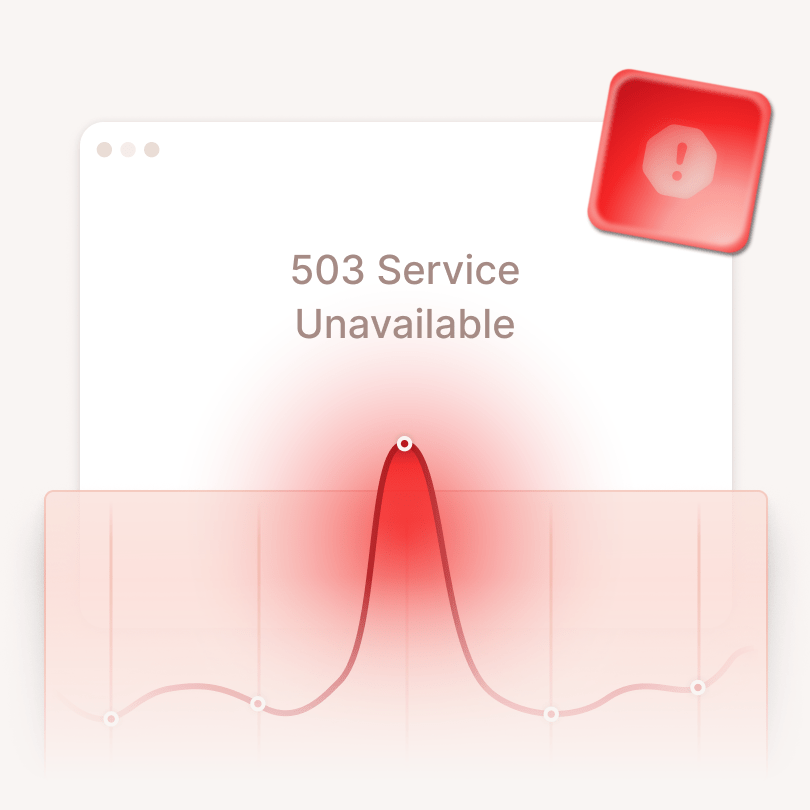 Error message showing ‘503 Service Unavailable’ with a red alert icon and a traffic spike graph, representing a website crash during high traffic.