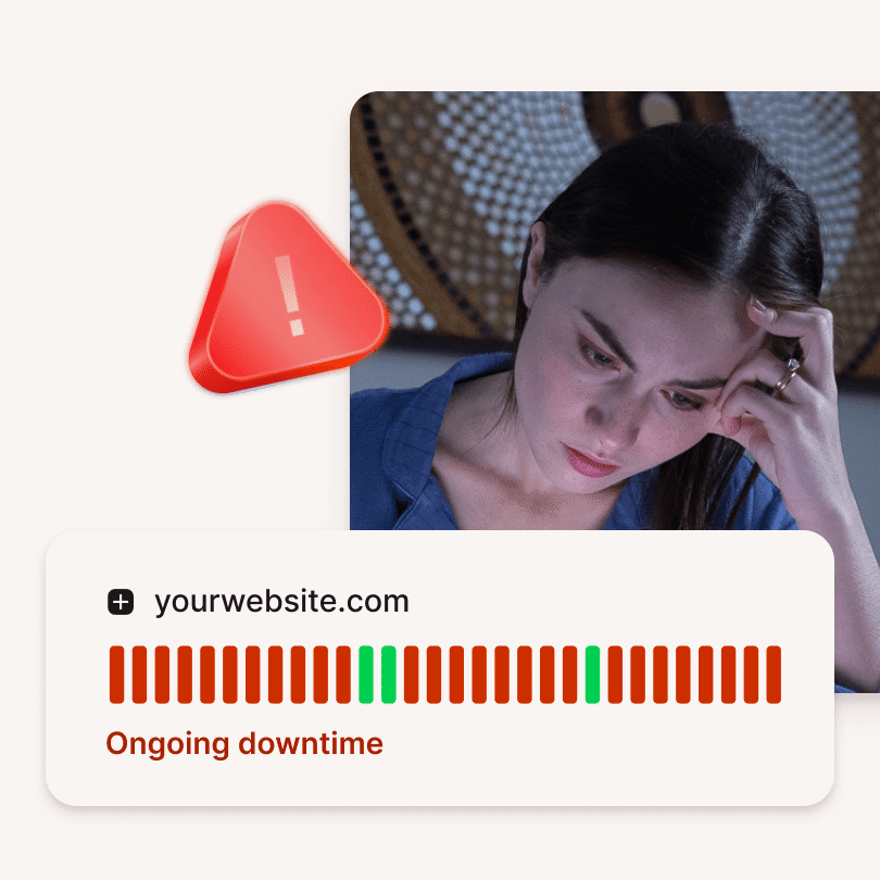 Frustrated woman looking at a computer with a red alert showing website downtime, illustrating stress from site outages.