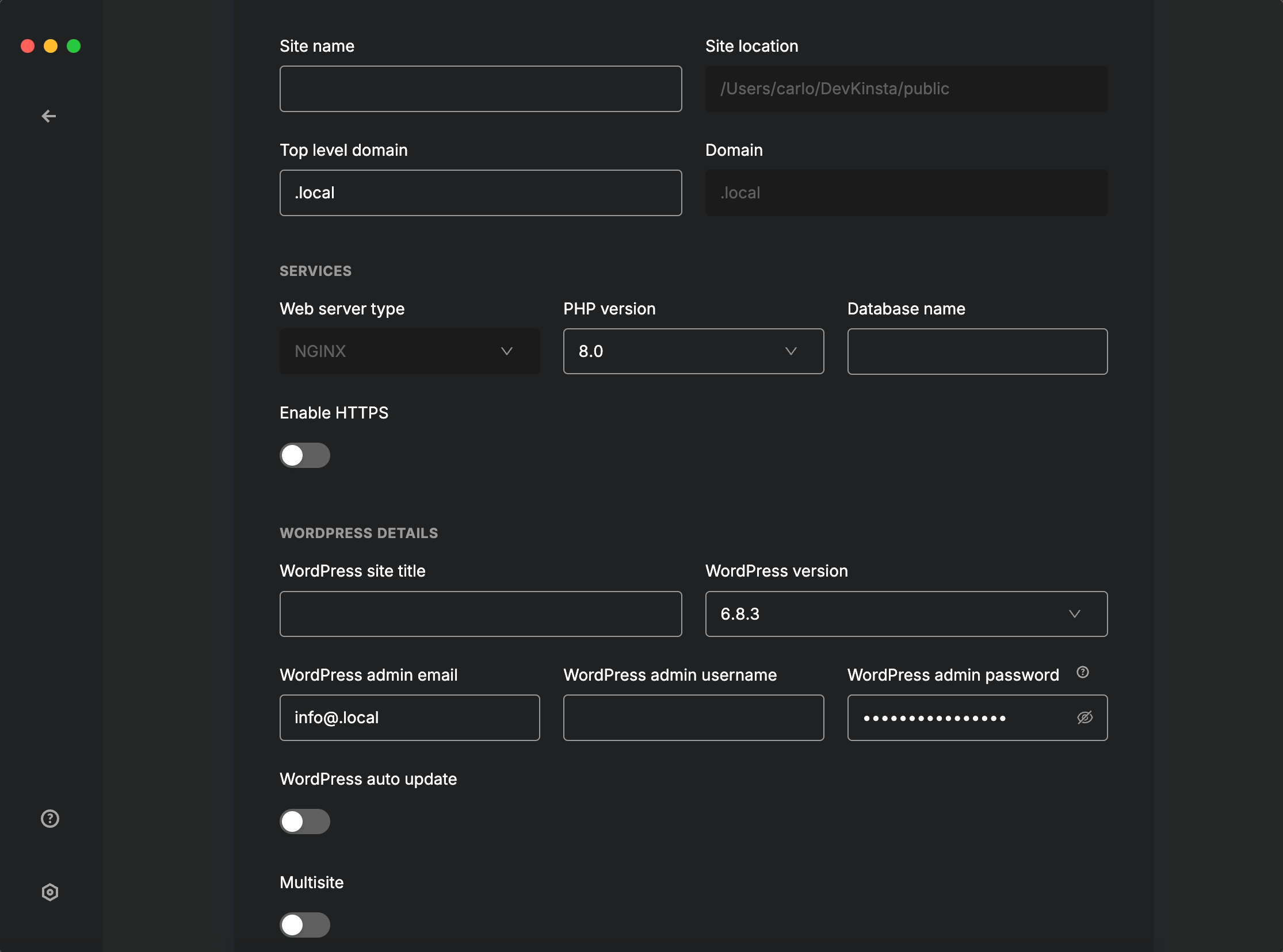 Configuring a local website in DevKinsta