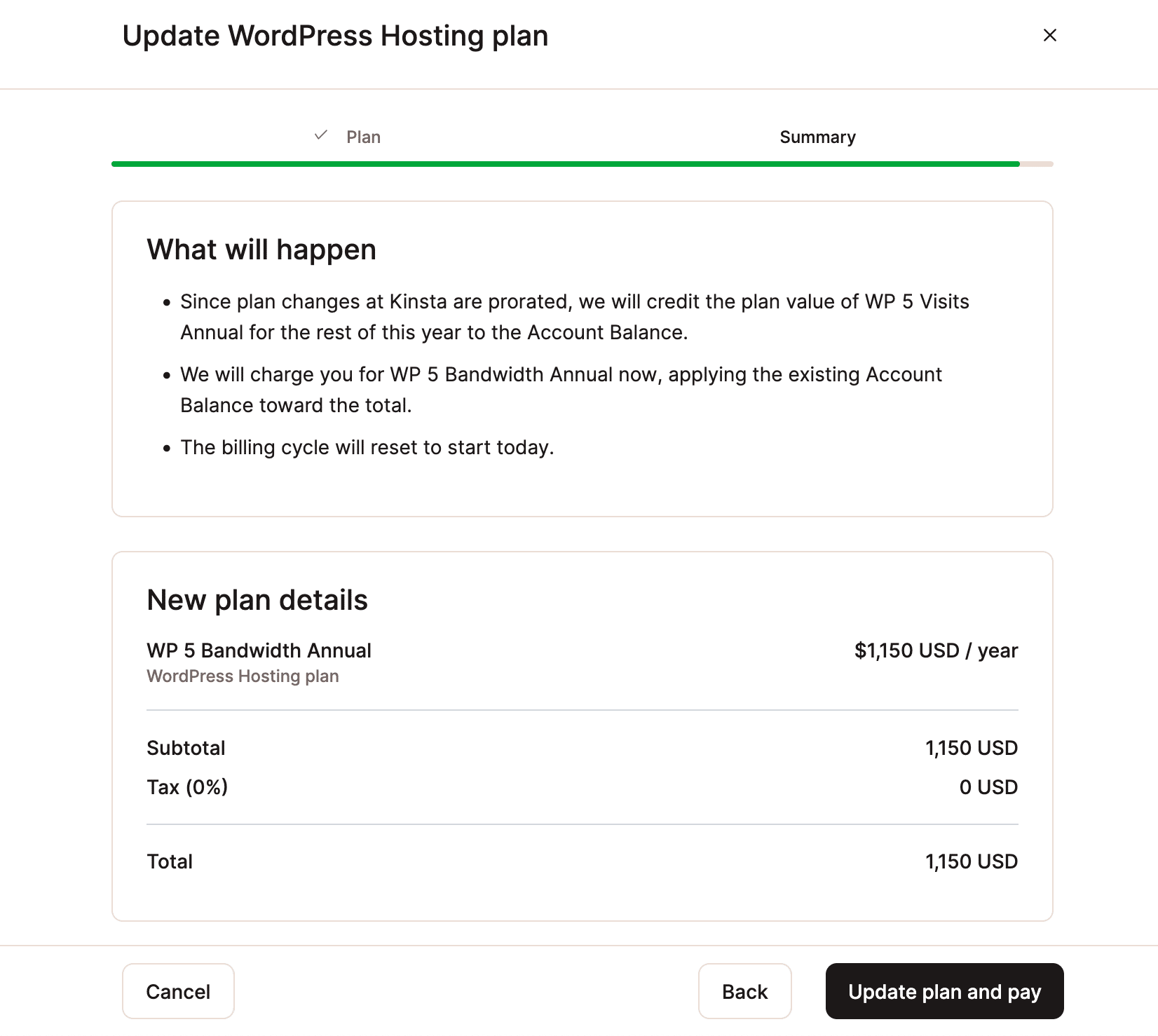 A screenshot showing a review of the changes about to be made when updating a hosting plan.