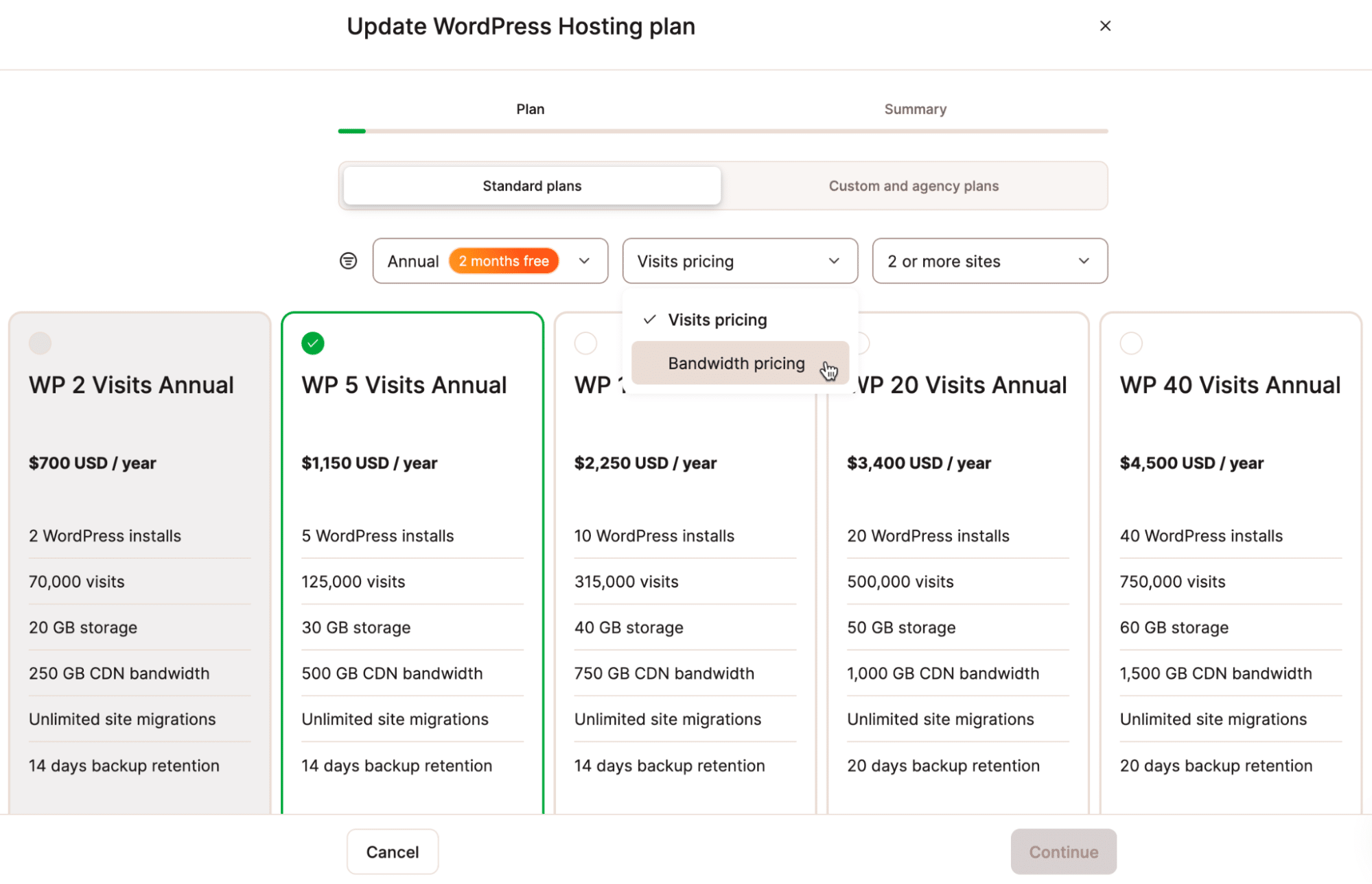 Screenshot showing the Update Plan dialog with the option to select bandwidth pricing.