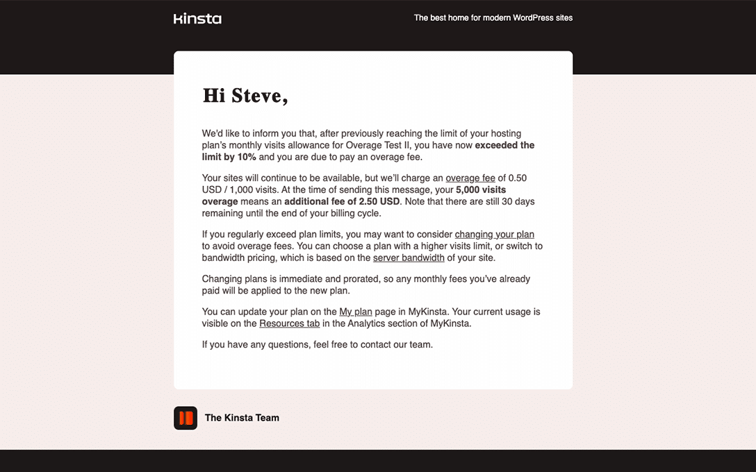A screenshot of an email sent to warn Kinsta customers of visit-limit overages in their hosting account.