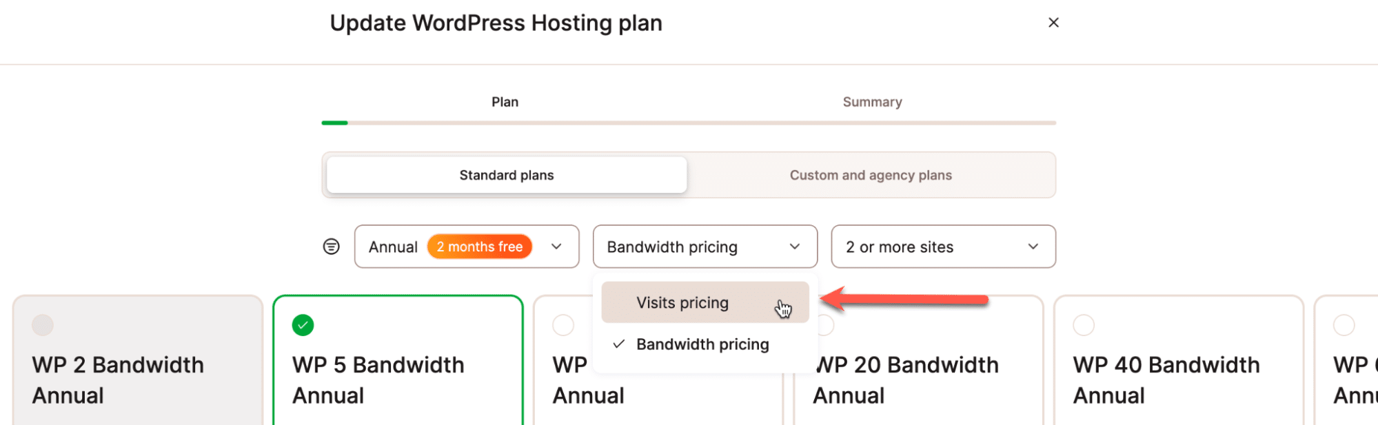 A screenshot showing part of the Update Plan dialog when the current plan is already set to bandwidth pricing. 
