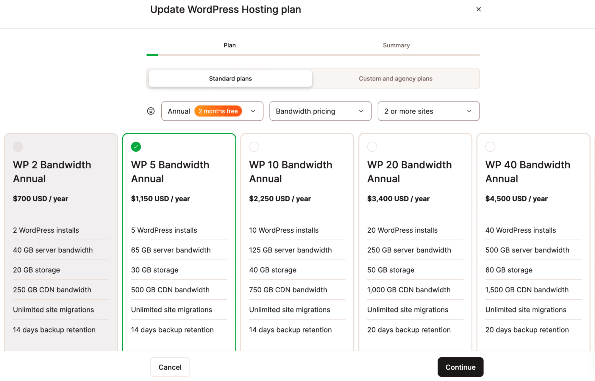 A screenshot of the Update Plan dialog when bandwidth pricing has been selected.