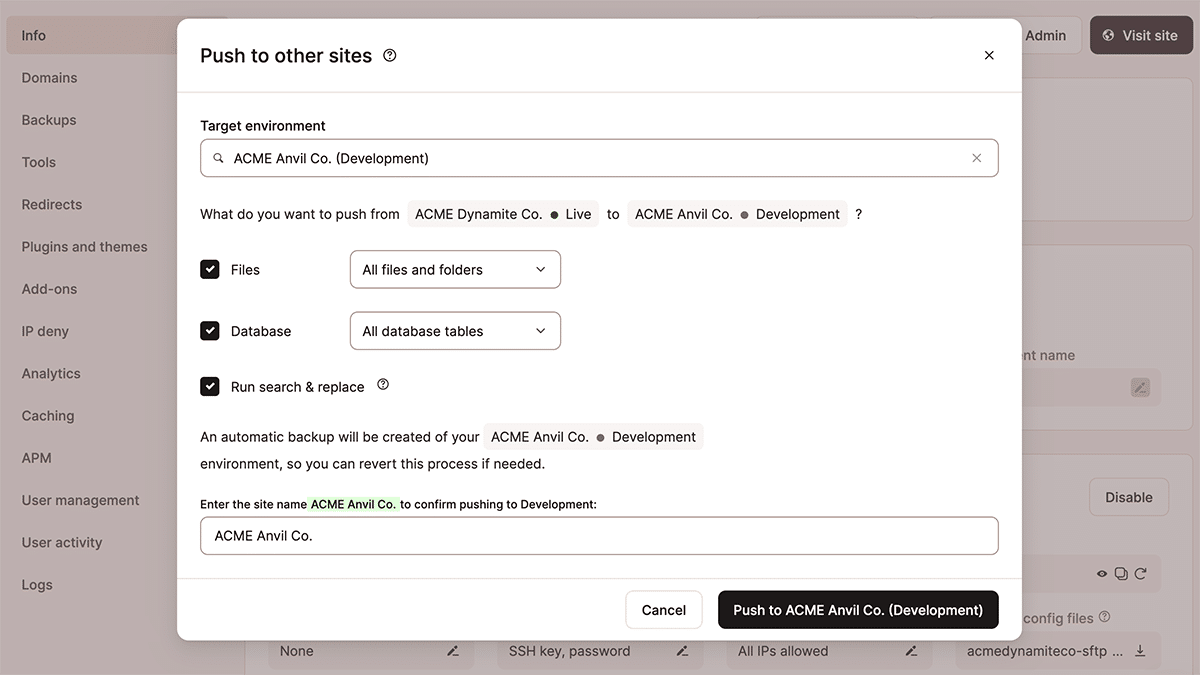 A screenshot of the Push to other sites confirmation dialog.