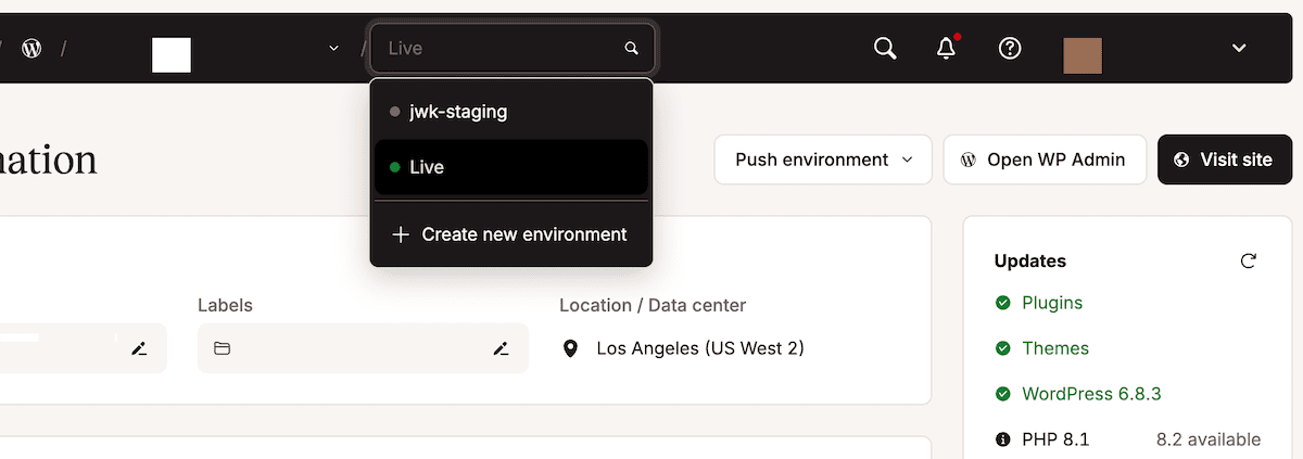 The MyKinsta dashboard showing the site environments drop-down menu displaying both a live and staging environment available to select.