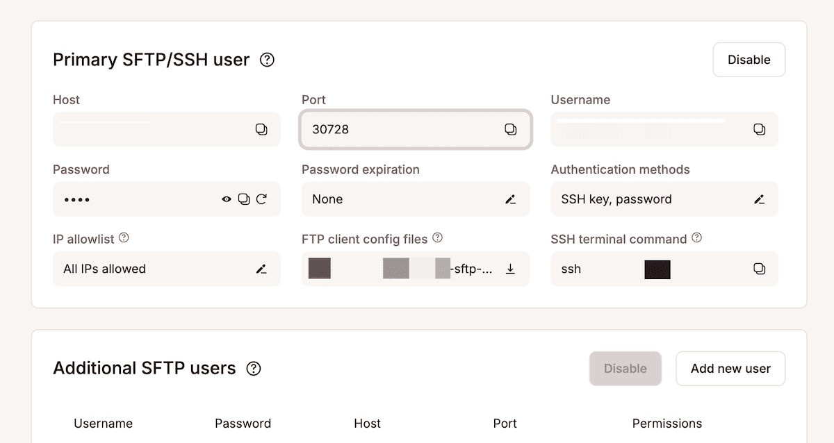 The MyKinsta Info page showing the Primary SFTP/SSH user section with options to set the correct authentication methods.