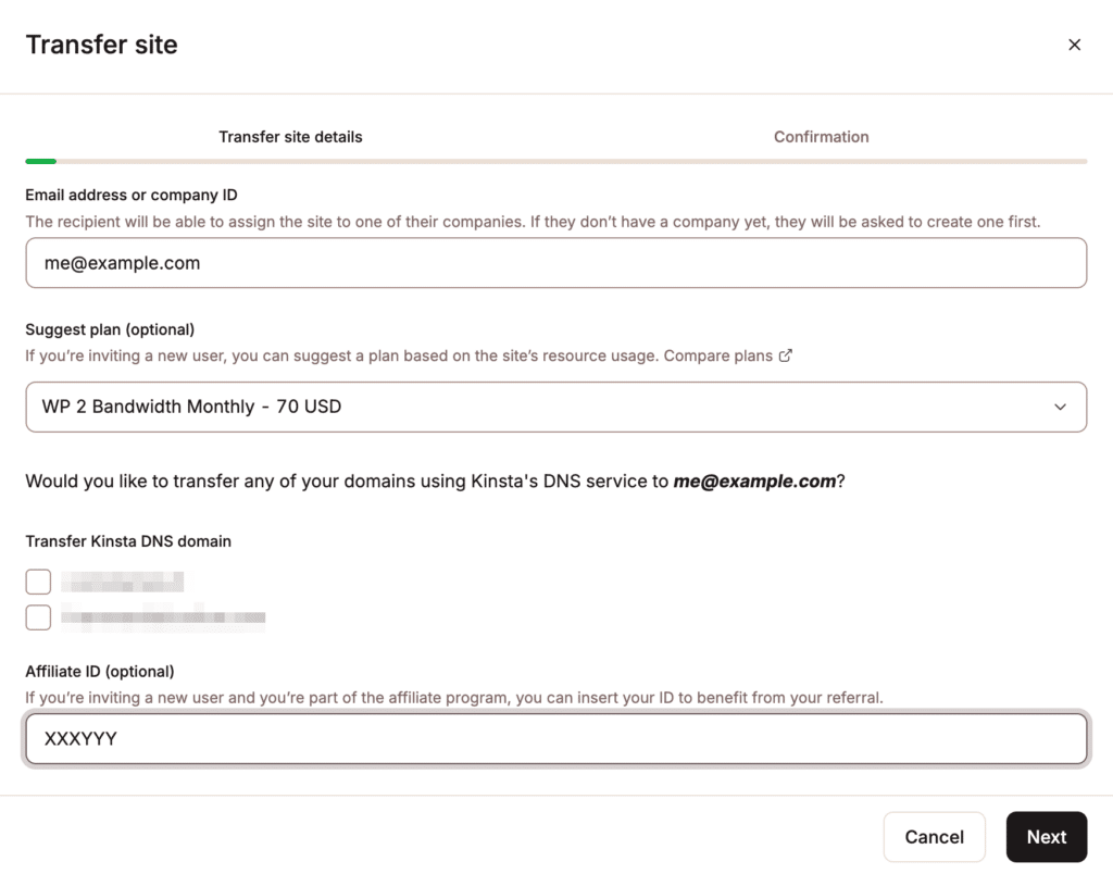 Transfer a site in MyKinsta.