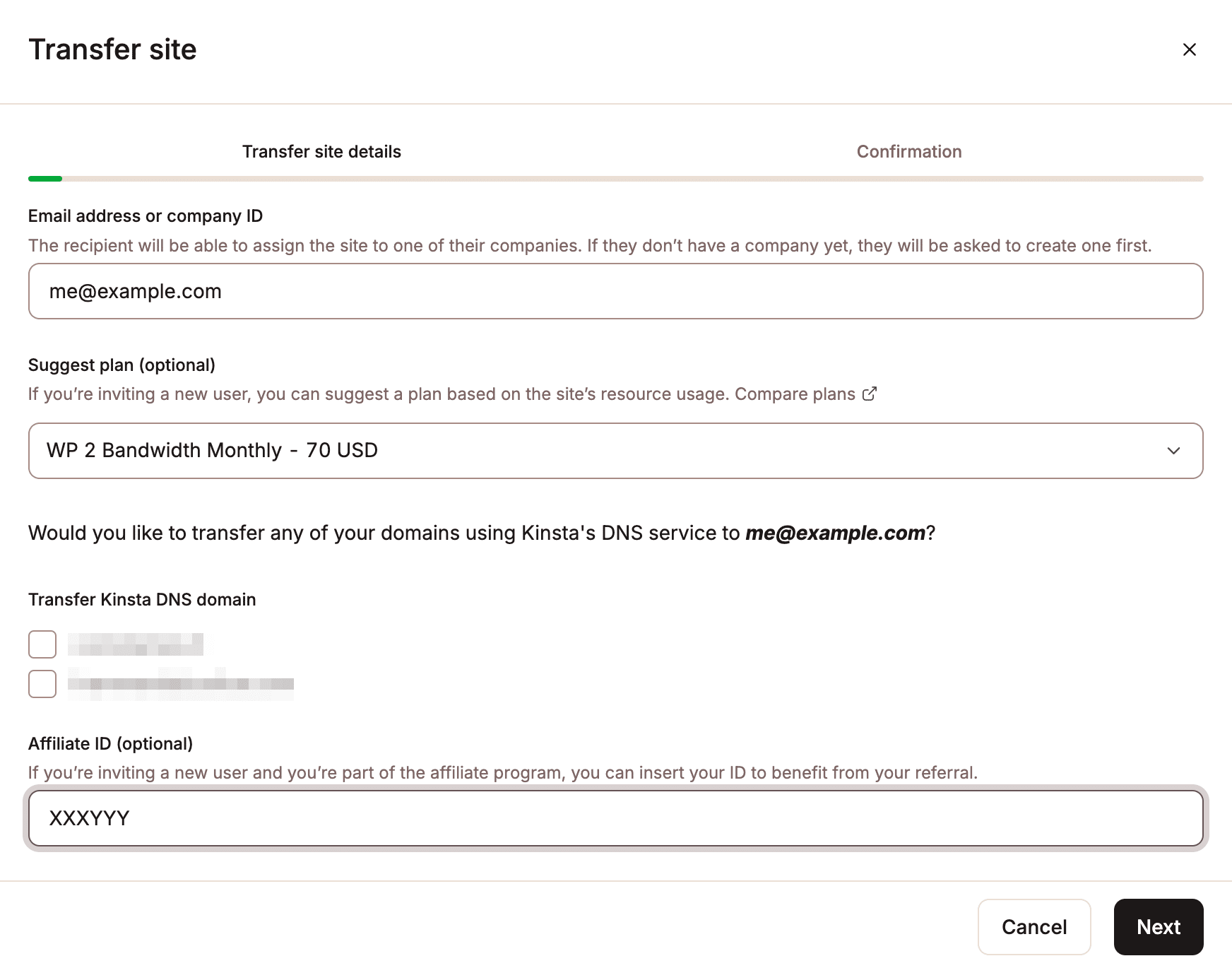 Transfer a site in MyKinsta.