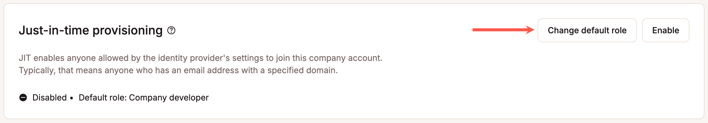 Screenshot showing the interface in MyKinsta for initiating JIT provisioning or changing the default JIT role.