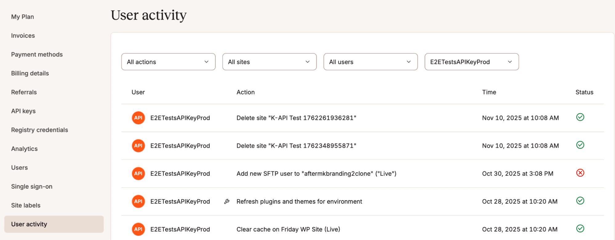 API details page in MyKinsta showing user activity logs.