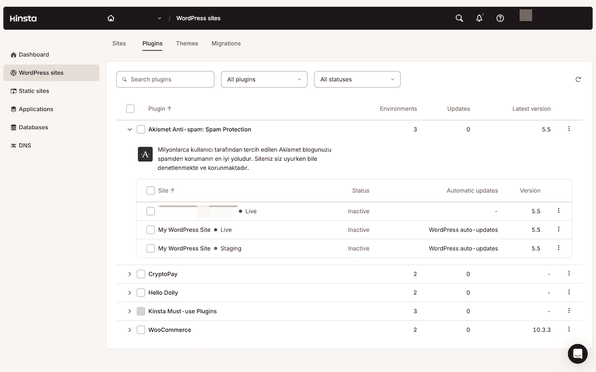 The WordPress sites screen in MyKinsta displaying a list of plugins with available updates. Each plugin shows its name, the number of selected environments that have it installed, and a checkbox to include it in the bulk update.