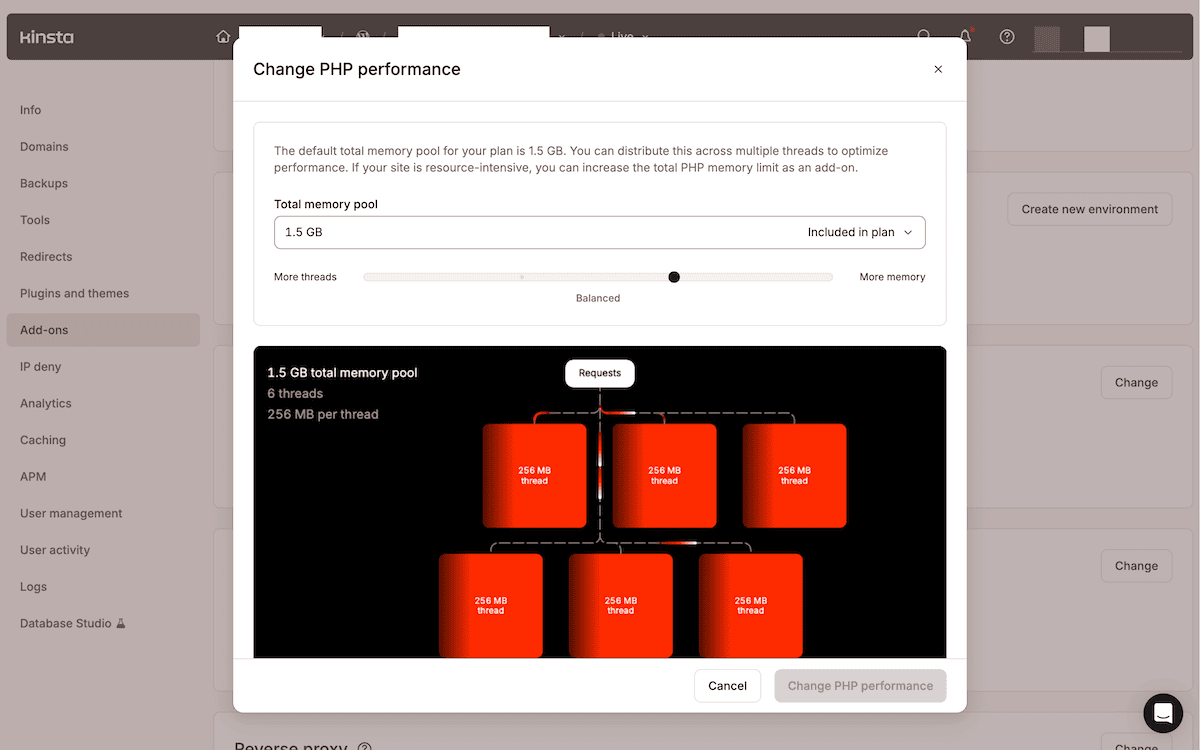 The Change PHP Performance dialog screen within MyKinsta. It shows a drop-down menu to increase the memory pool and a diagram showing the allocation of memory across the server.