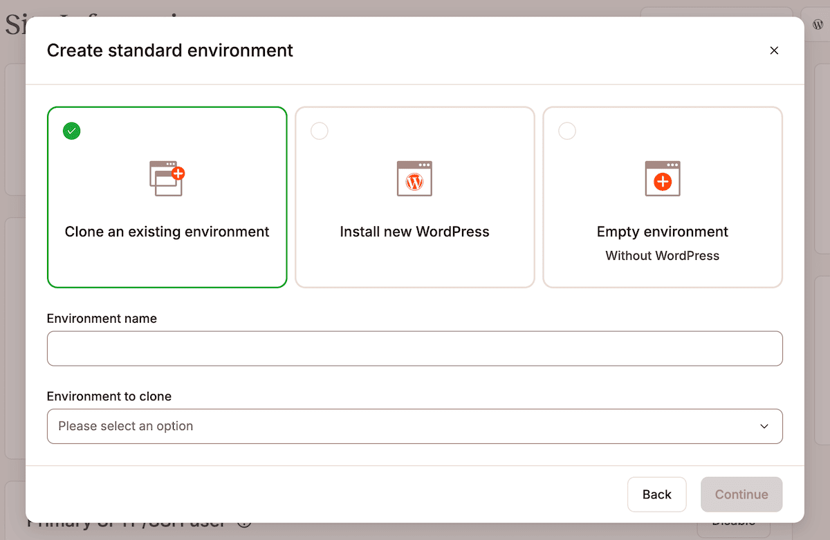 The Create standard environment panel showing three options: clone an existing environment, install a new version of WordPress, and create an empty environment.
