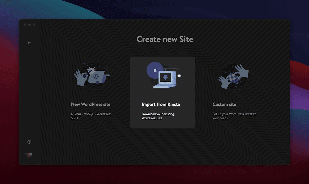 The DevKinsta interface showing the options to create a new site.