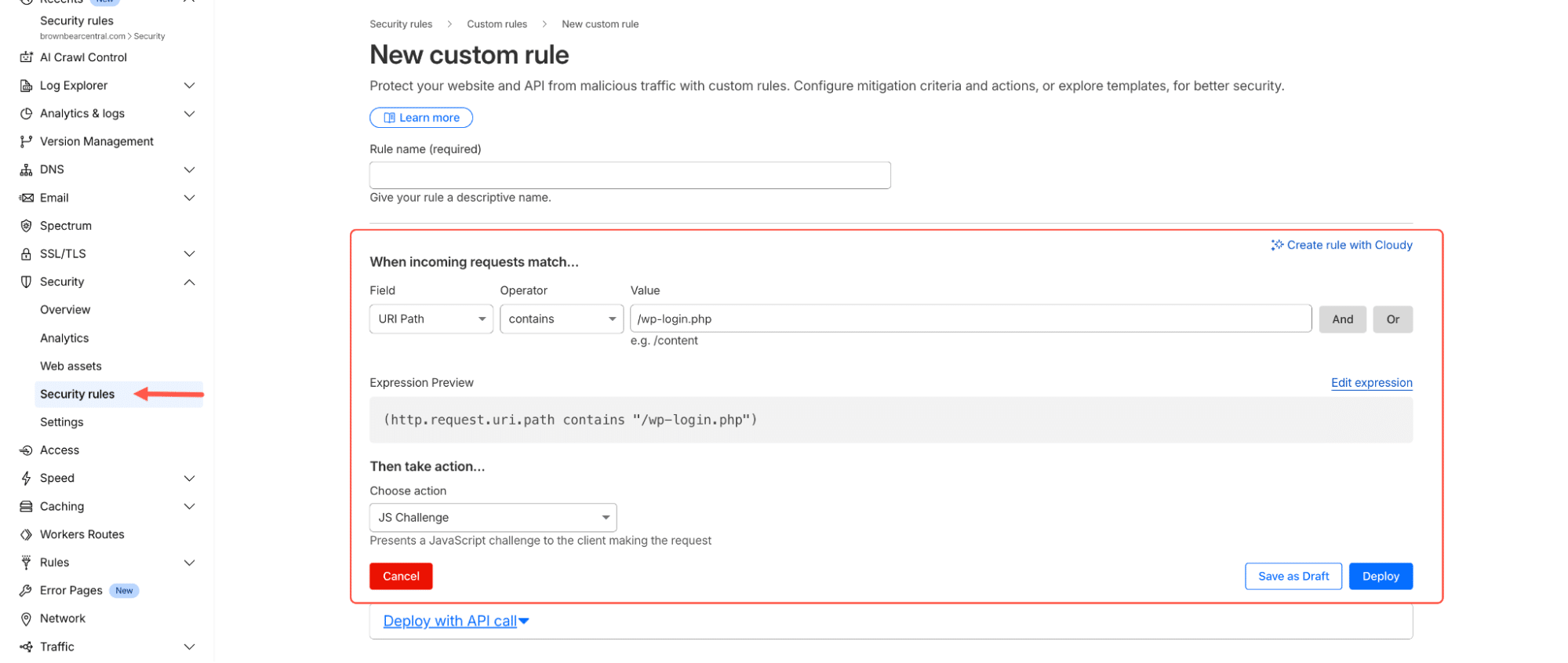 Custom rule setup in Cloudflare for managing and filtering web traffic.