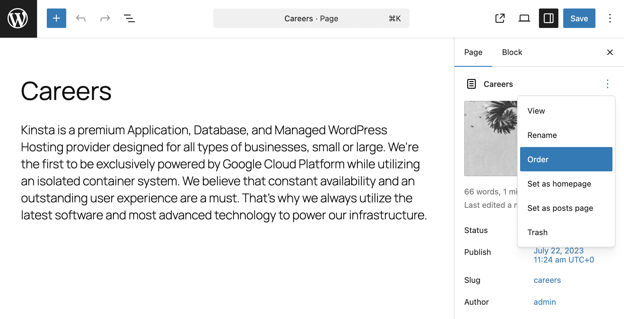 Select menu order from the Actions menu.