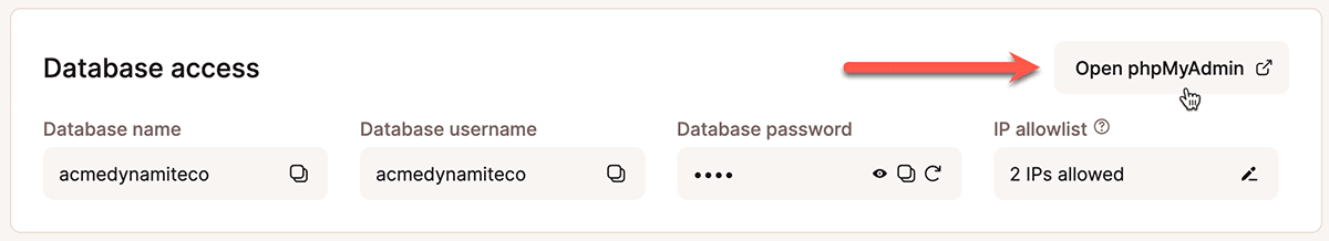 A screenshot showing the WordPress Database Access section of the MyKinsta dashboard.