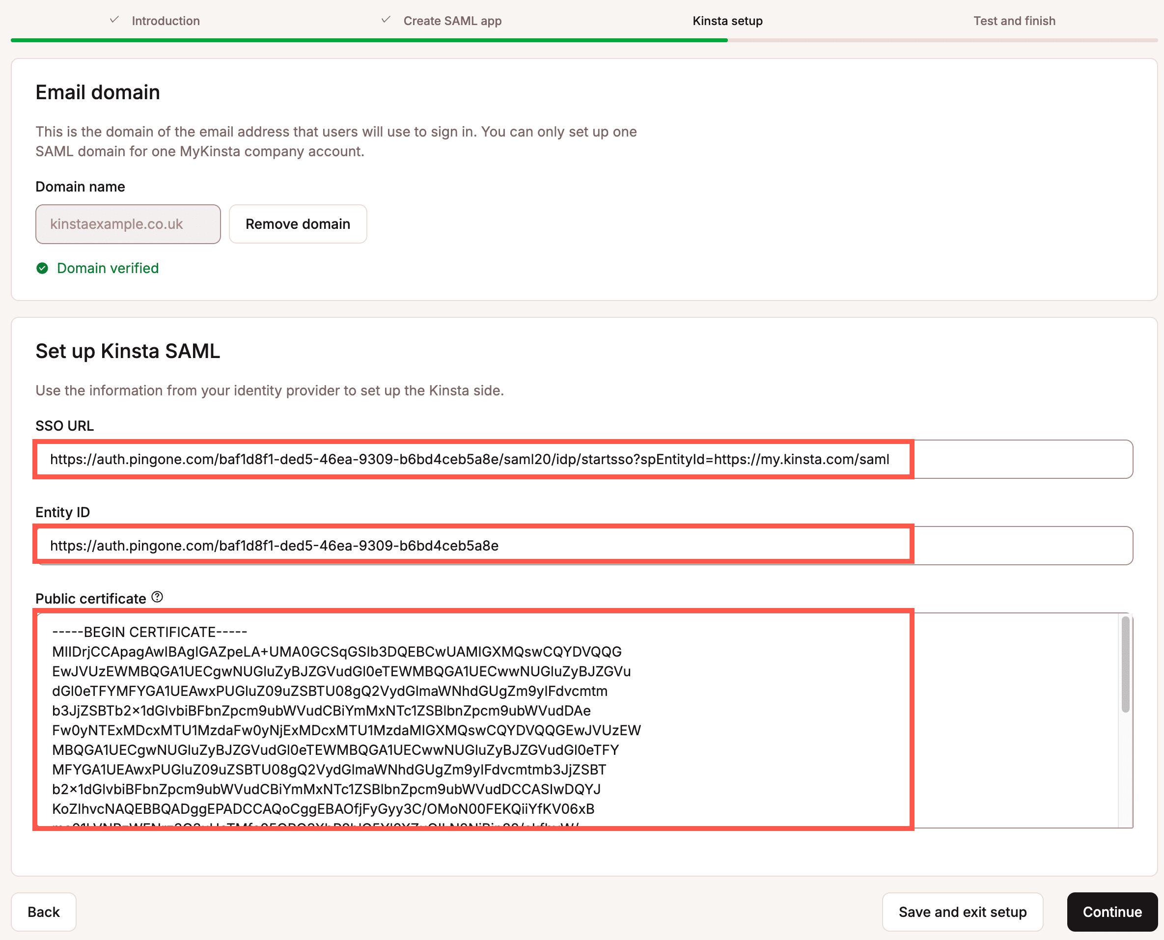 Enter the required information from the IdP to set up Kinsta SAML.