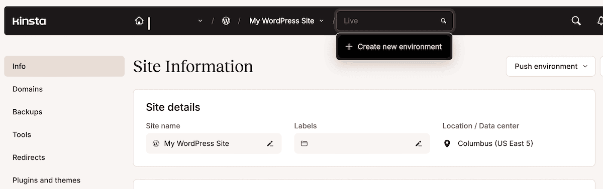 The Site Information page within MyKinsta showing the expanded Create new environment drop-down menu on the toolbar. There are also Site details such as the site name, labels, and data center.