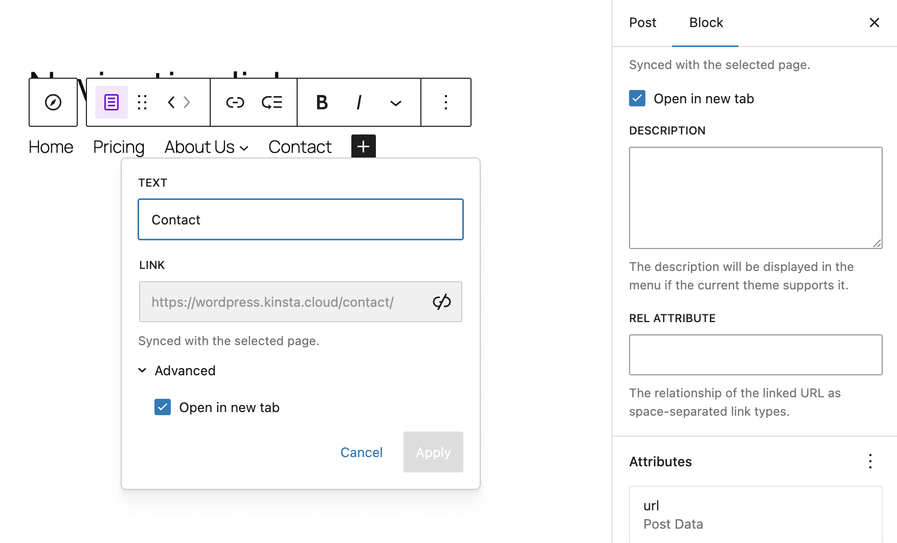 Open in new tab option in the Navigation Link block's link UI