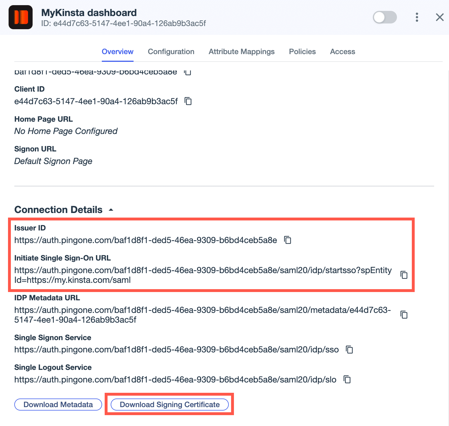 Connection details in Ping Identity.