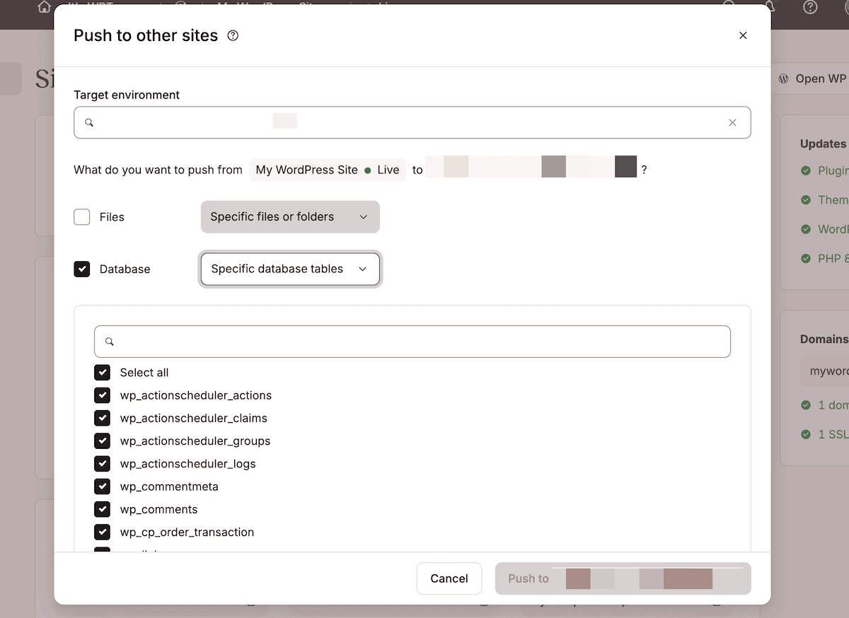 The Push to other sites panel within MyKinsta. It shows a Target Environment field along with checkboxes for tables within a WordPress website's database.
