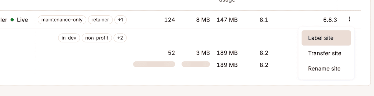 The Label site option within the More Actions drop-down menu of MyKinsta.