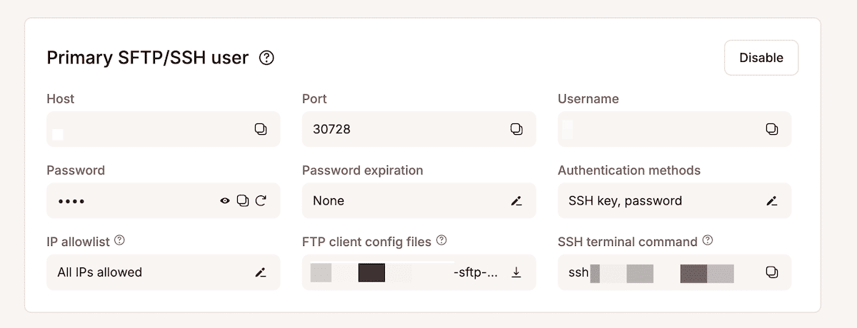 The Primary SFTP/SSH user panel within MyKinsta.