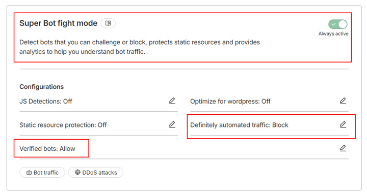 Cloudflare’s Super Bot Fight Mode dashboard displaying bot protection settings and analytics.