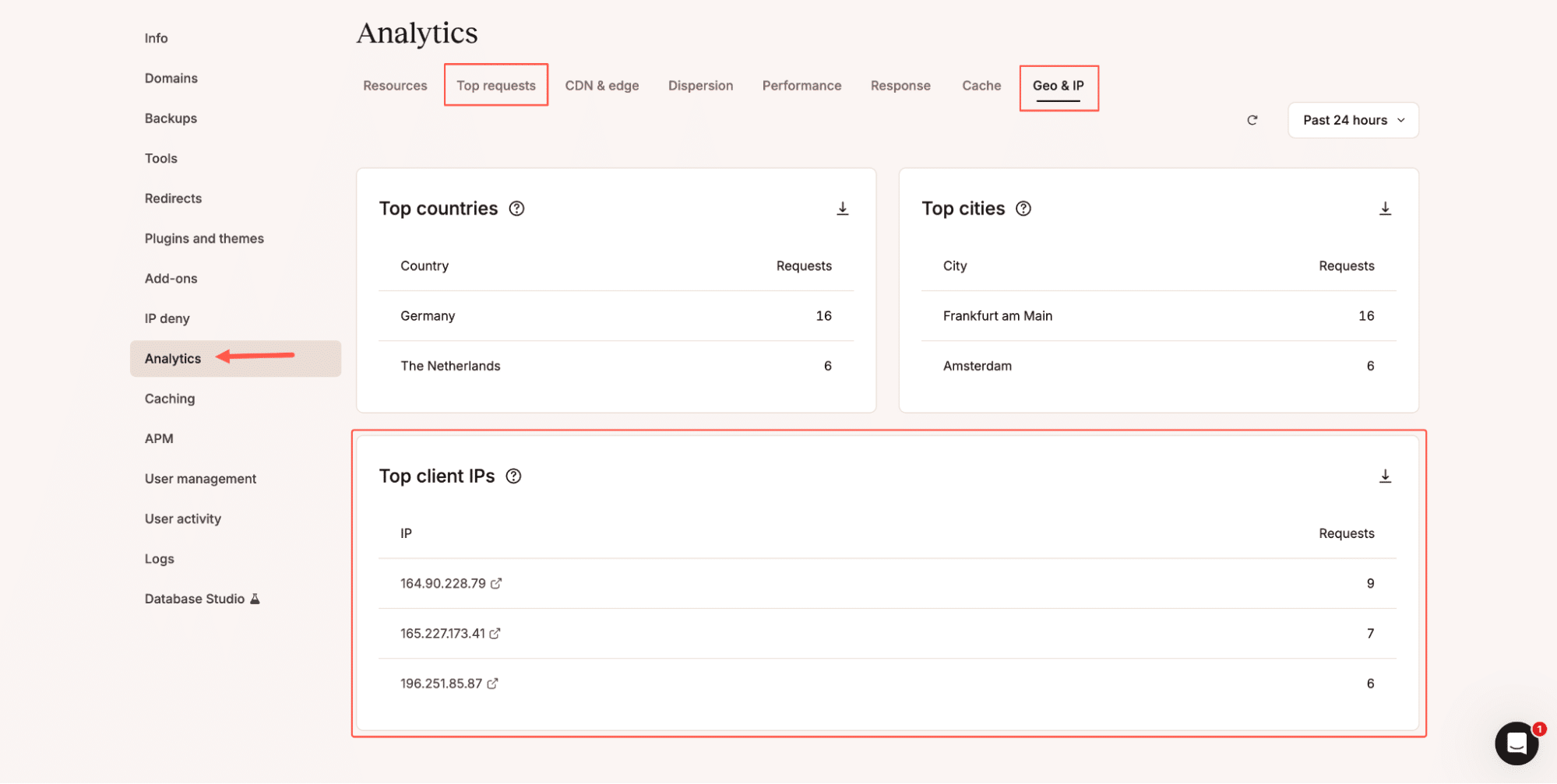 Top client IP addresses displayed in MyKinsta analytics for monitoring site traffic sources.