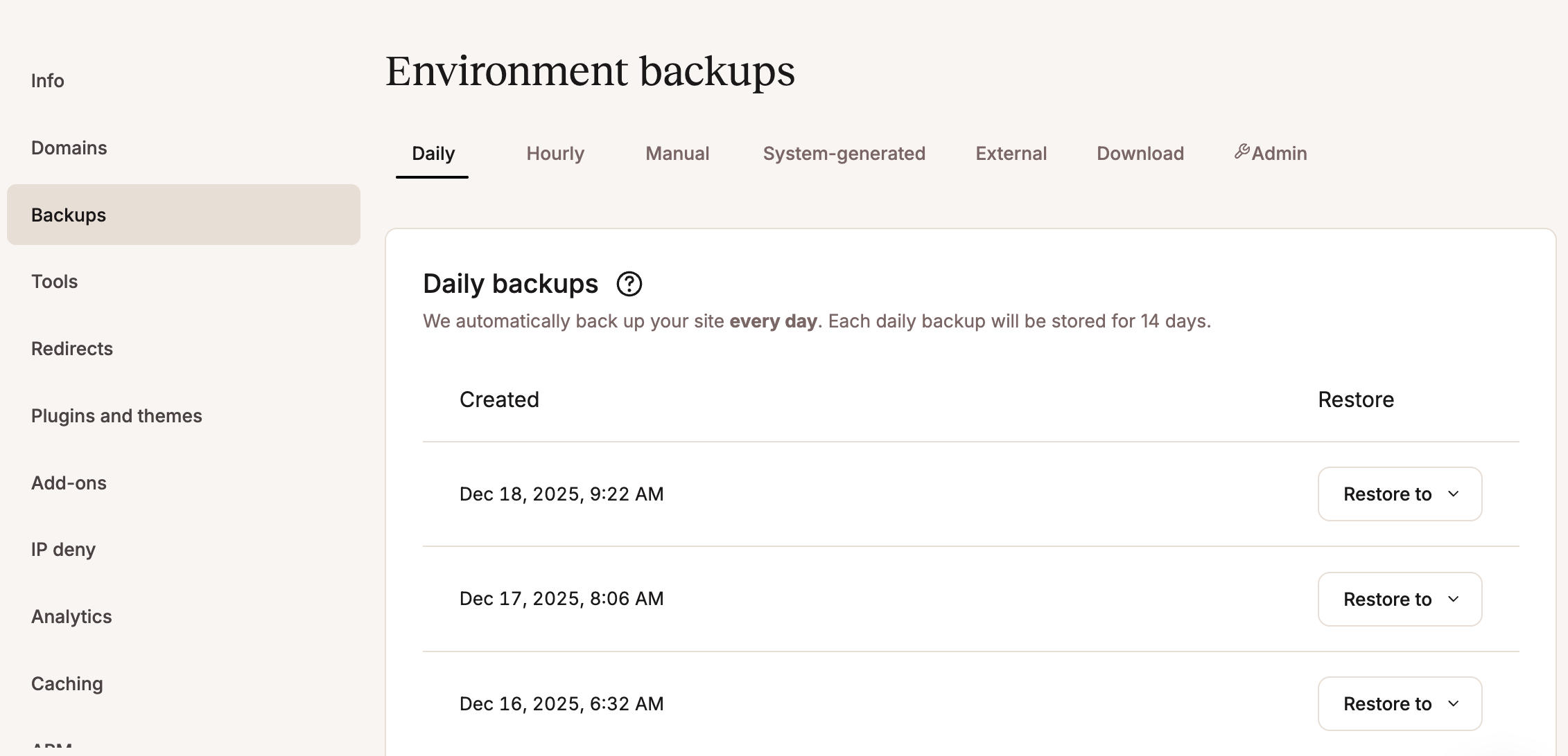 Backups screen in MyKinsta