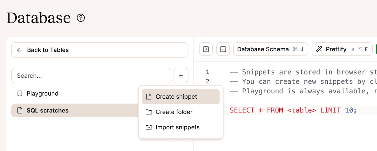 Creating SQL snippets within the Database Studio console.