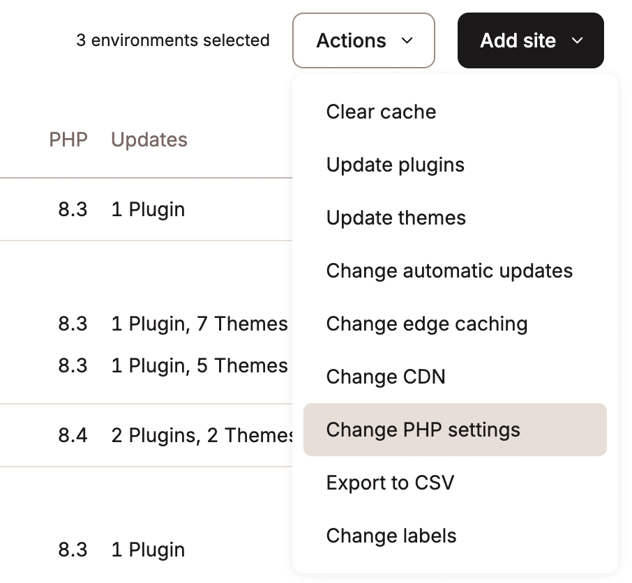 Bulk actions in MyKinsta