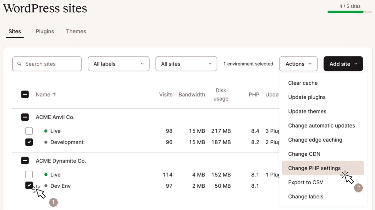 Screenshot of the WordPress sites page in MyKnsta with multiple environments selected for a PHP update.